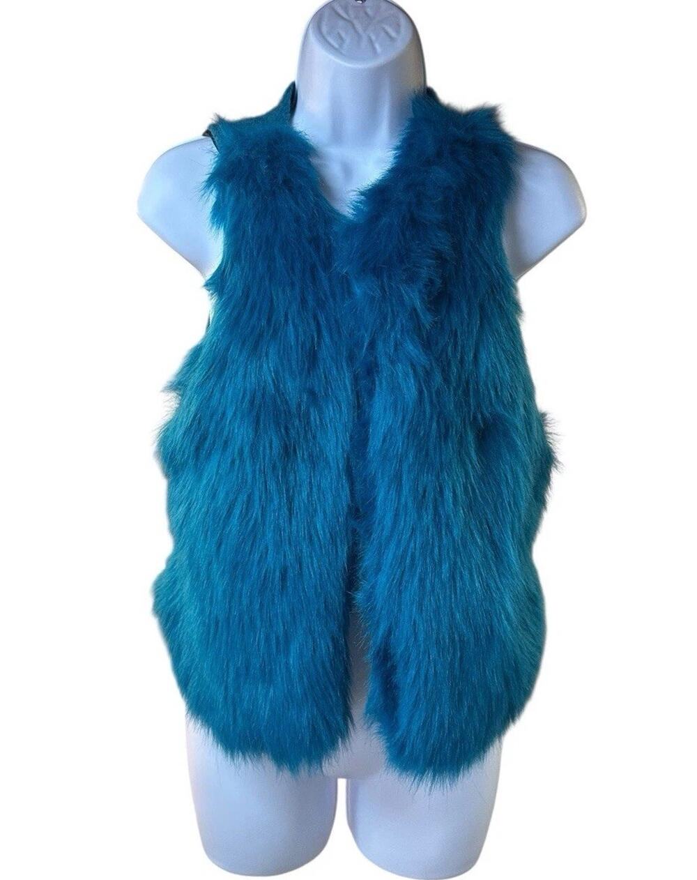 Karen Kane Teal Faux Fur Shaggy Vest Open Front Boho Chic Small